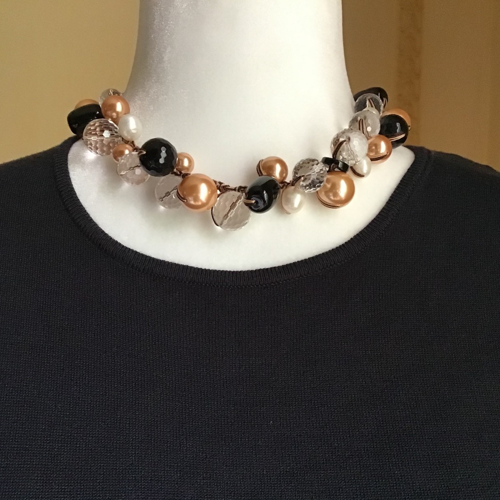 Glass, Gold Pearl, and Black Necklace